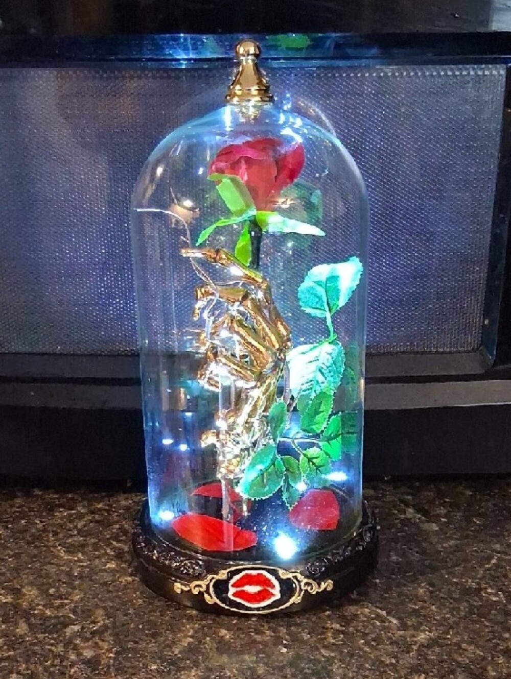 Red Rose In A Gold Skeleton Hand Dome With Light - Picture 2 of 6